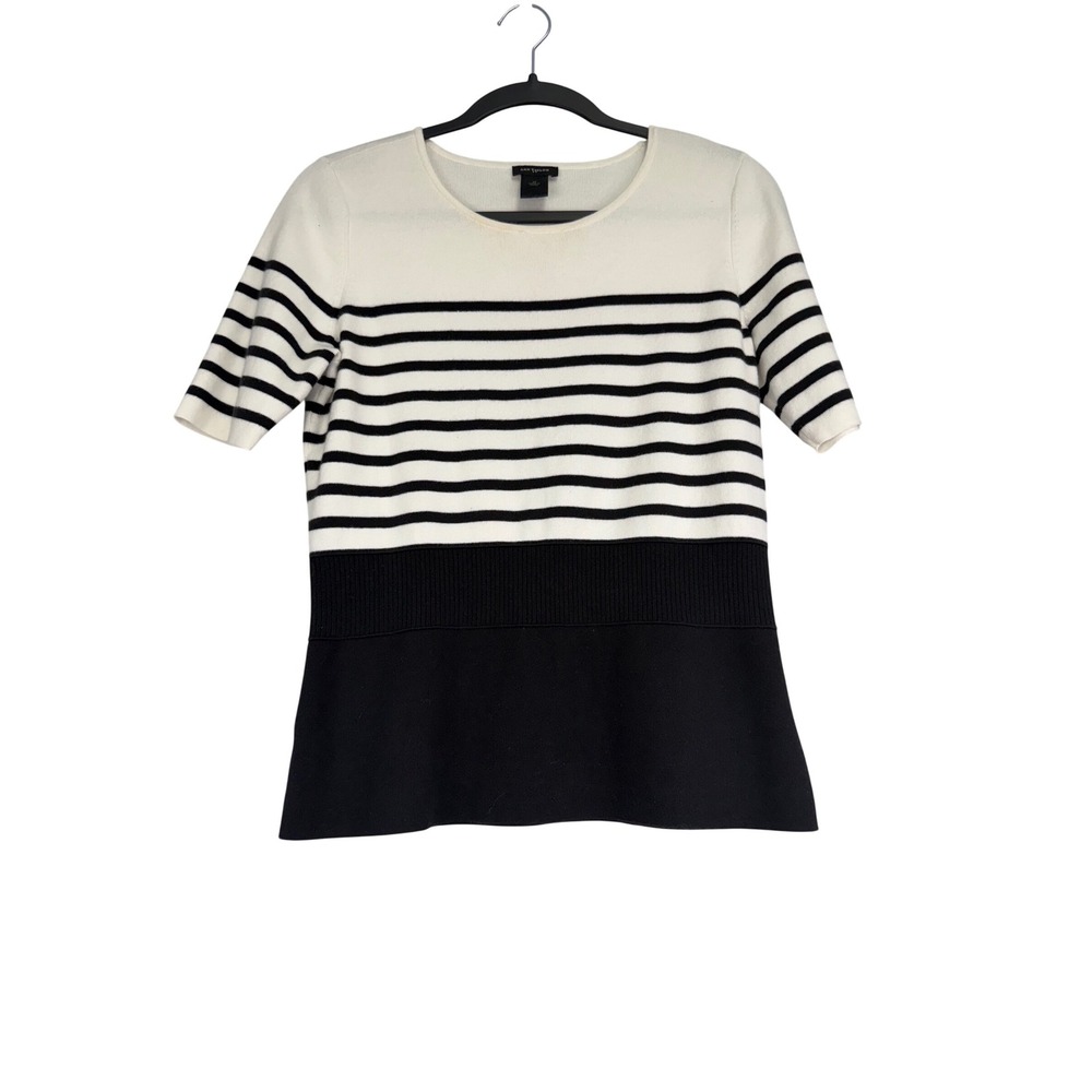 Ann Taylor Striped Peplum Short Sleeve Sweater Black White Crew‎ Neck Medium